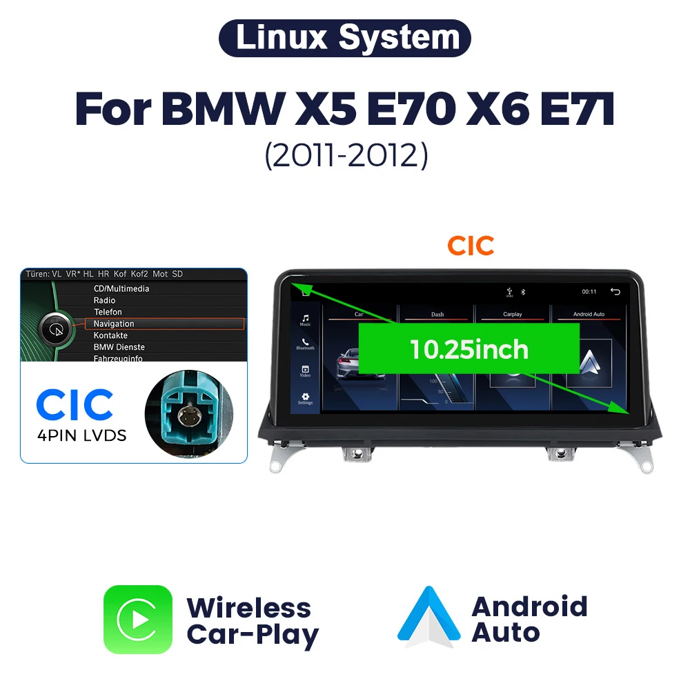 10,25 inch autoradio multimediasysteem voor BMW X5 E70 X6 E71 2007-2013 met draadloze CarPlay, Android Auto, Wifi, BT en ondersteuning voor telefoon mirroring.