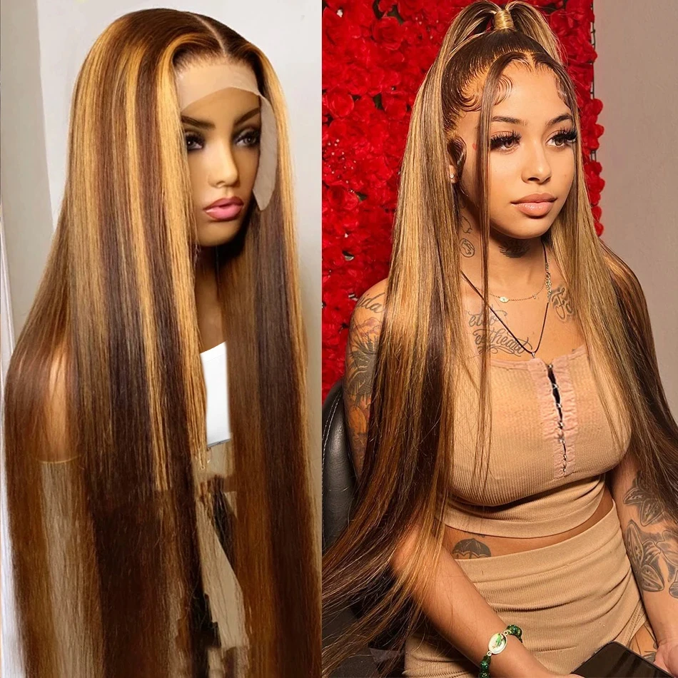 

13x6 Lace Front Wig Straight Highlight Wigs Human Hair 180% Bone Colored Ombre 13x4 Transparent Lace Frontal Wig For Women