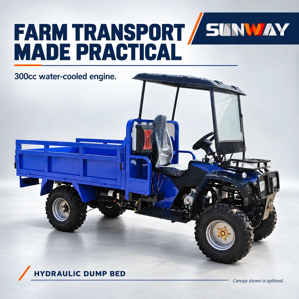 Water Cooled 300cc Farm Utility Vehicle Agricultural Dump Truck with Hydraulic Unloading for Rural Transport