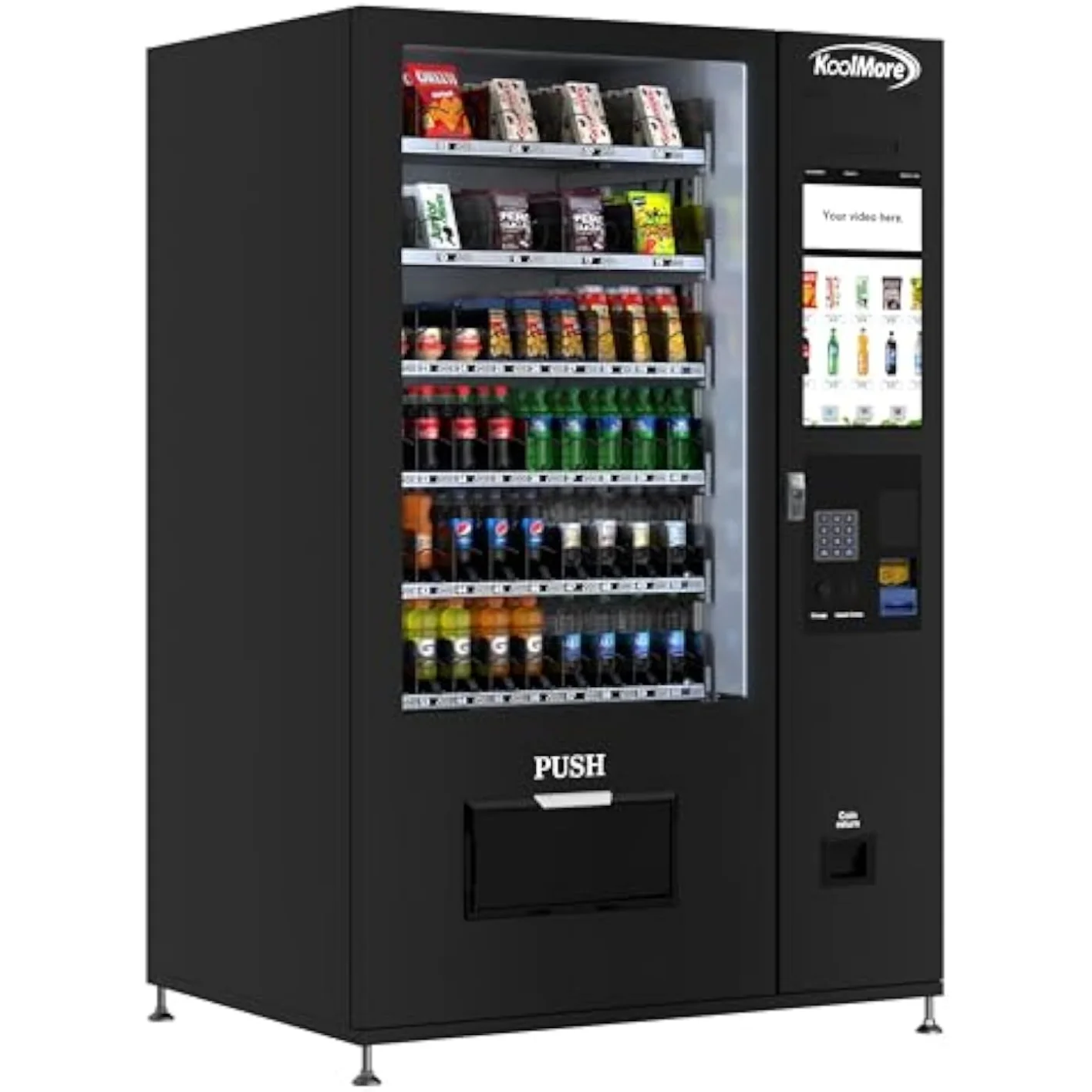 REFR!GERATED SNACK VEND!NG MACH!NE W!TH 60 SLOTS 22 !NCH TOUCH SCREEN CC READER CO!N B!LL ACCEPTOR IN BLACK KM-VMRT-50-BCR