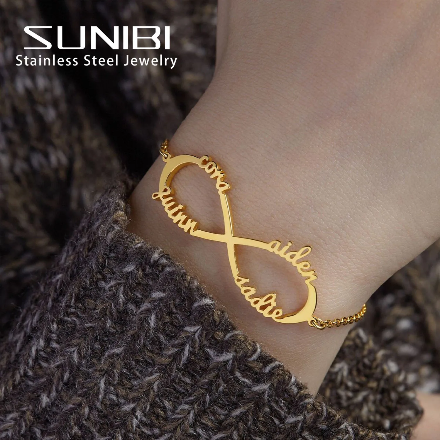 SUNIBI Customized 4 Name Bracelet Gold Color Personalized Letter 316L Stainless Steel Jewelry Gift Support Dropshipping