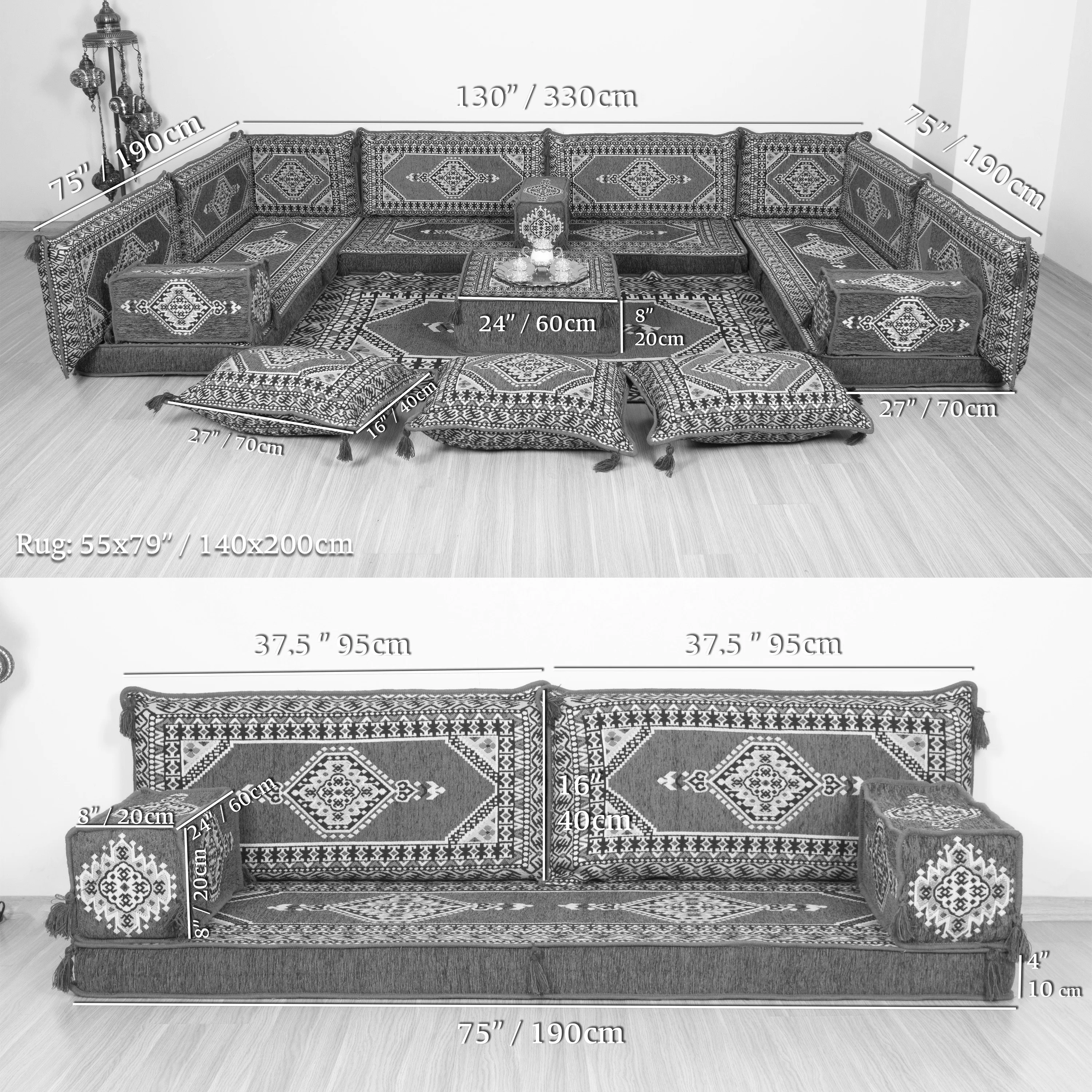 Set di divani anatolico Majlis arabi a forma di U Set di cuscini tradizionali divano da pavimento per balcone fodera per cuscino arabo cuscino per divano modulare