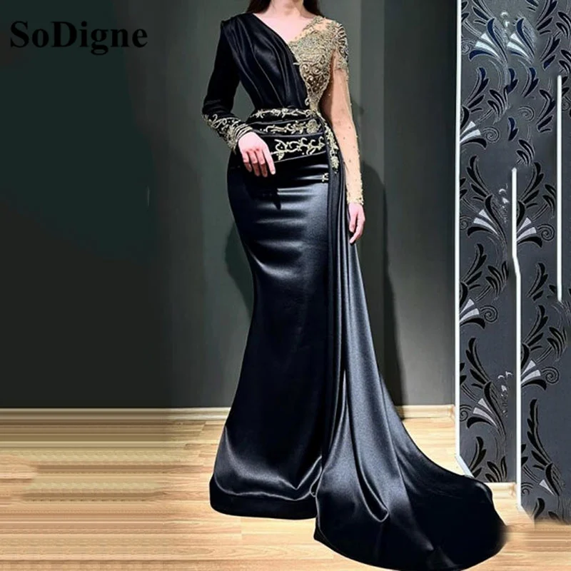 SoDigne Black Mermaid Prom Evening Dresses Lace Appliques Beadings Party Prom Dress Long Sleeves Prom Gowns Vestidos Customized