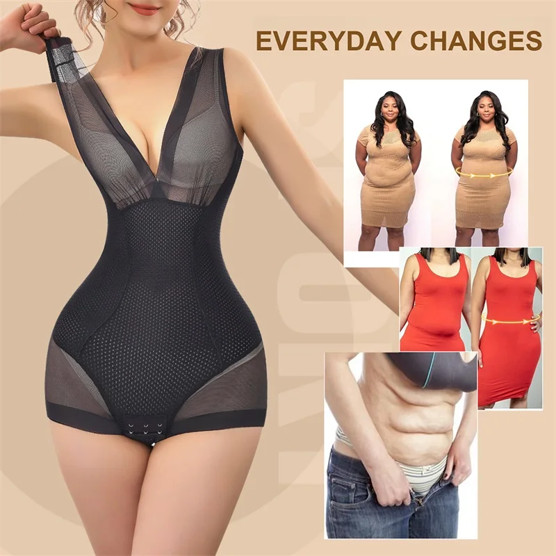 Flarixa Sexy Mesh Shapewear Women Bodysuit Push Up Bra Redress Tank Top Waist Trainer Tummy Tuck BodyShaper Transparent Lingerie