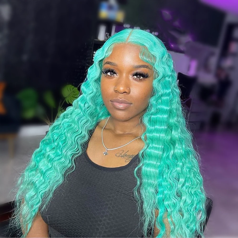فضفاض موجة عميقة 13x6 الدانتيل الباروكة الأمامية سماوي أخضر باروكة من شعر طبيعي قبل قطعها الأزرق 13x4 الدانتيل الشفاف الباروكات الأمامية للنساء #2
