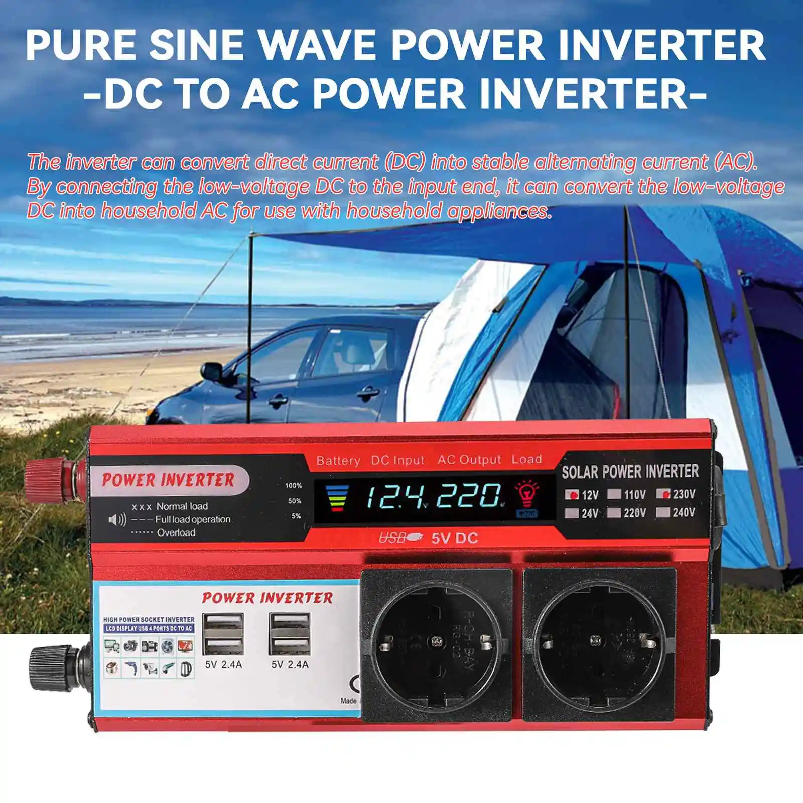 4000W 3000W Power Inverter DC 12V To AC 220V transform With 4 USB EU pocket charging With LED Display For Trips and Camping