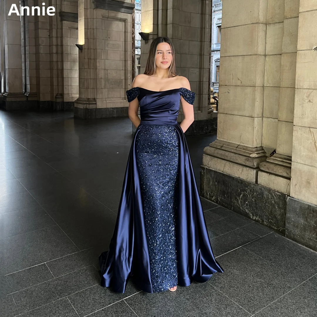 

Annie Роскошные блестящие кружевные платья для выпускного вечера с вышивкой Атласные темно-синие вечерние платья с открытыми плечами Русалка Леди فساتين سهرة