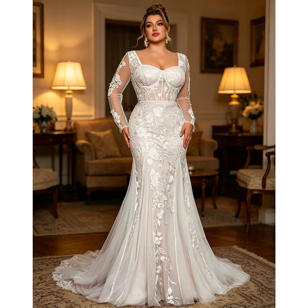 Elegant Plus Size Mermaid Wedding Dress Off The Shoulder Sweetheart Neck Long Sleeve Lace Appliques Vestido De Novia Customized