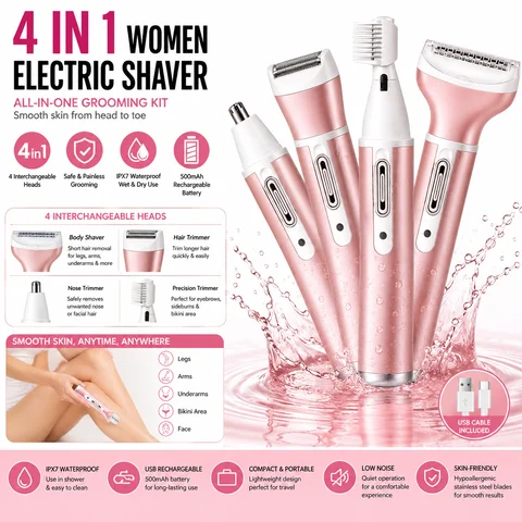 4 In 1 Women Electric Shaver Rechargeable Waterproof Body Razor Hair Trimmer For Legs Arms Underarms Bikini Face Nose