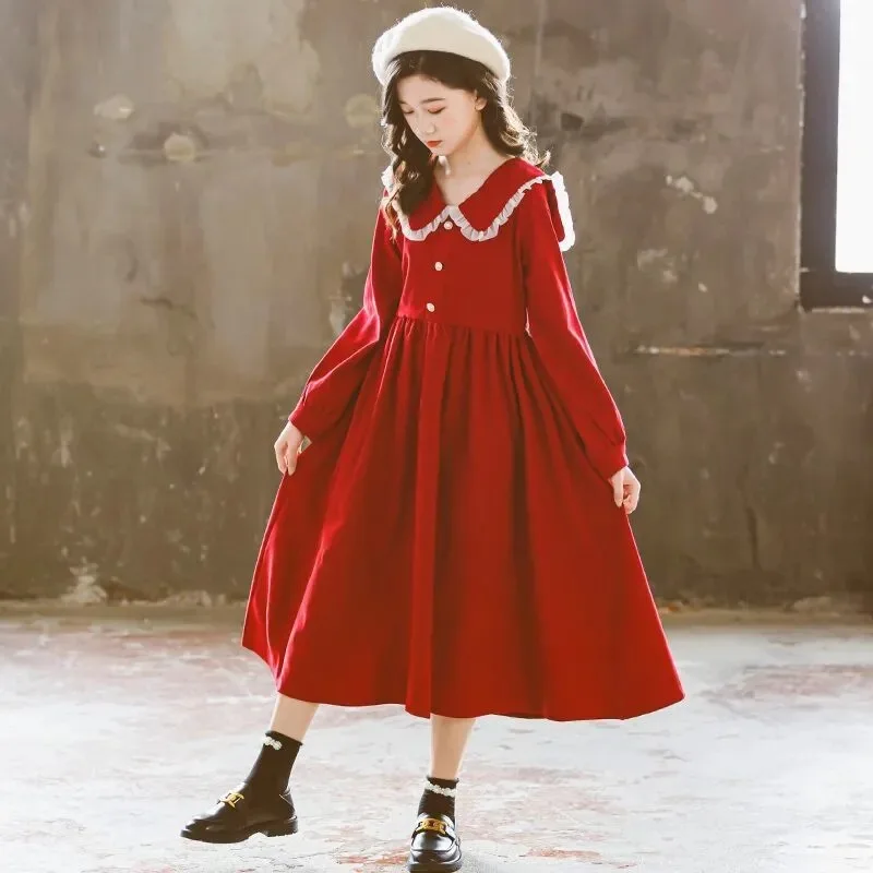 

Spring Autumn Girls Red Dress Long Sleeves Dress Elegant Kids Princess Birthday Party Clothes Children New Years Costume 8 12 14