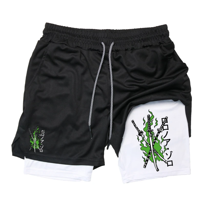 Graphic 2 in 1 Workout Running Shorts for Men Athletic Quick Dry Breathable Shorts Anime Gym Shorts with Phone Pocket Towel Loop