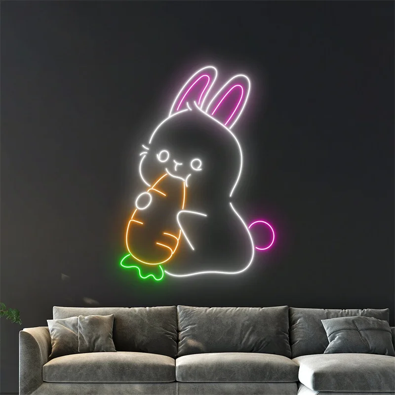 Lapin Carrot Neon Sign, Lapin Led Light, Joyeuses Pâques Neon Light, Décor mural de chambre de Pâques, Lapin Led Light