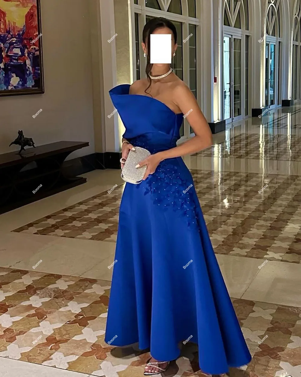 Booma A-Line Evening Dresses One Shoulder Satin Appliques Formal Occasion Gowns for Women Ankle Length Party Evening Dress