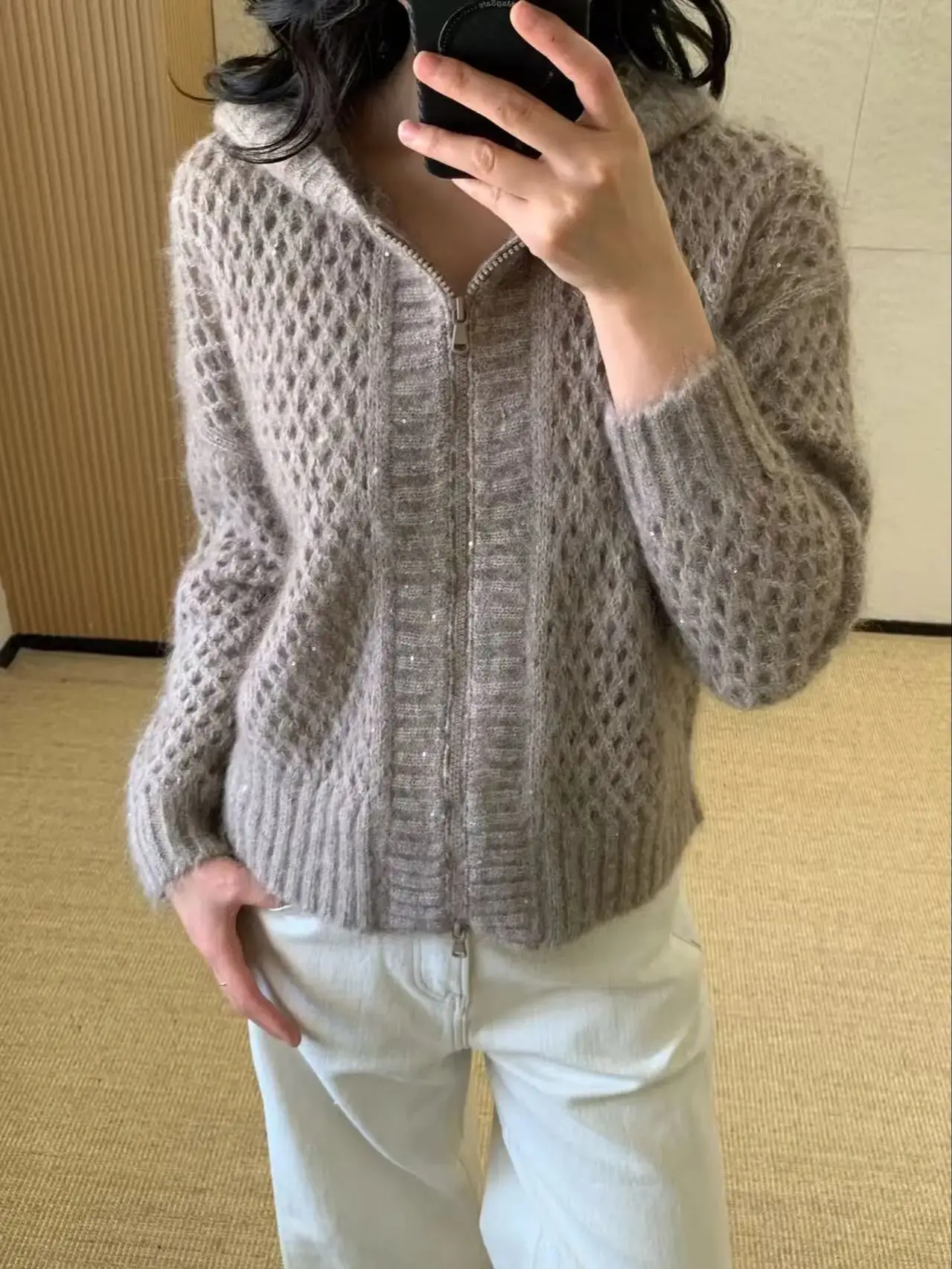 

Cashmere-wool blend hollow-out beaded hooded knit cardigan