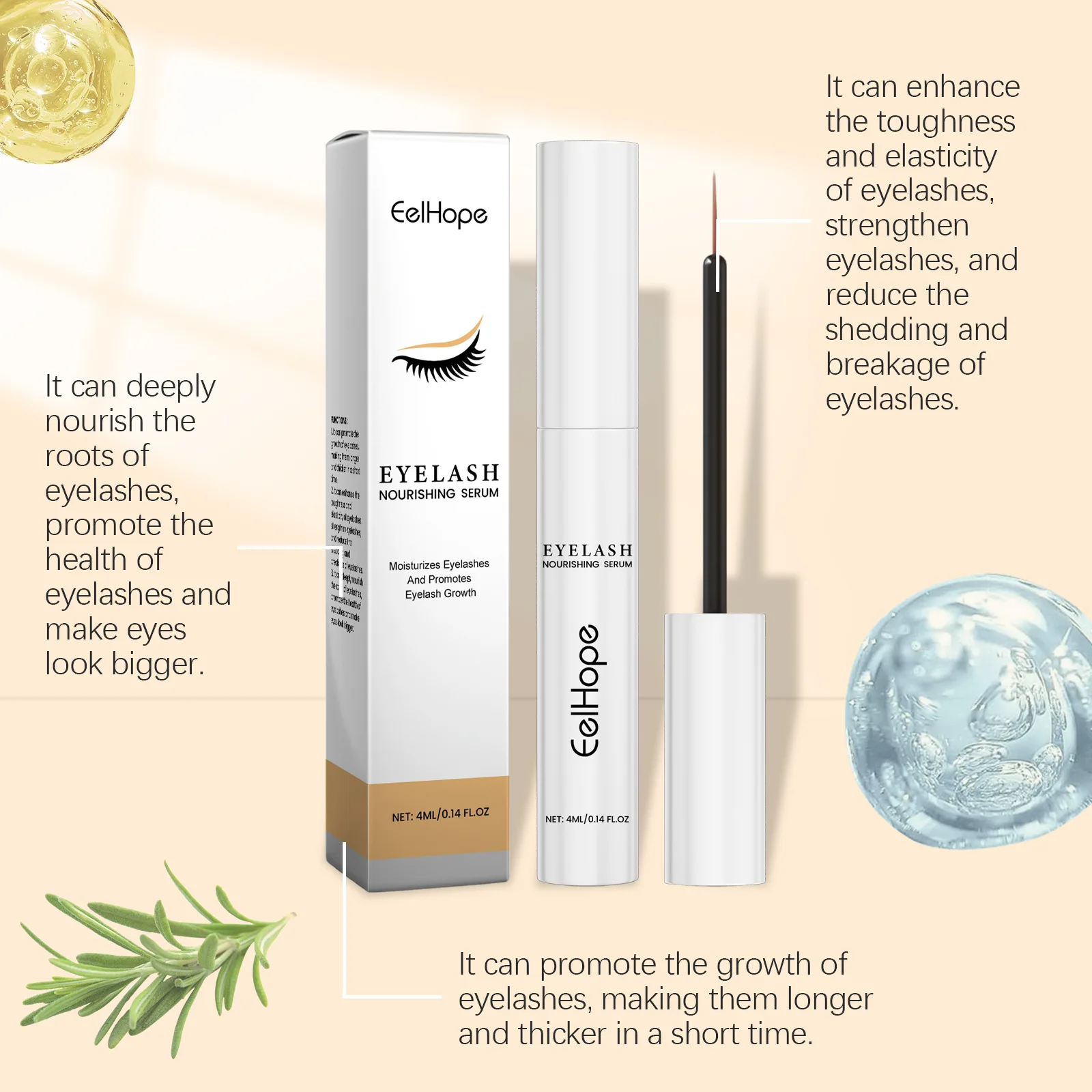 Eelhope 4 ml Wimpernwachstumsserum, schnelle Verbesserung der lockigen Wimpern, Augenbrauen, schnelle Verlängerung, Make-up-Verlängerung, Wimpern, nährt Serum