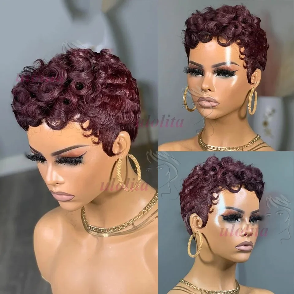 Pelucas de corte Pixie corto y profundo suelto para mujer, cabello humano 99J Borgoña, marrón jengibre, pelucas hechas a máquina, peluca Bob, pelucas de cabello Peruvin