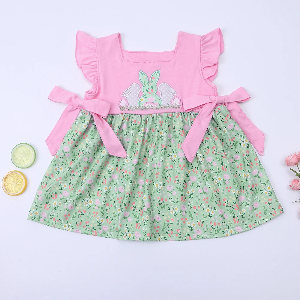 

Easter Summer Exquisite Cute Bow Dress Baby Skirt Girl Petal Sleeve Skirt Square Neck Knee-Length Floral Dress Pink And Green