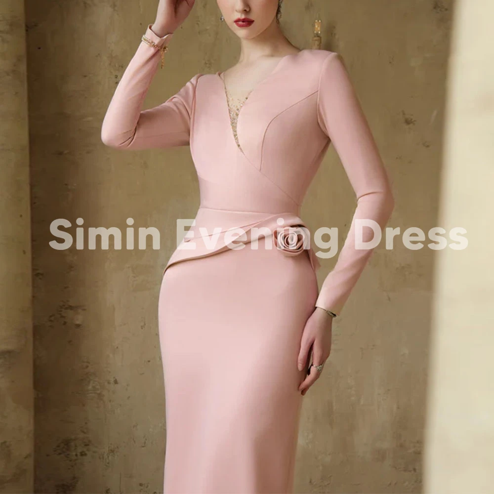 

Simin Women's Straight V-neck Beaded 3D Flowers Saudi Evening Dresses With Long Sleeves Tea-Length Formal Elegant Dresses 2025