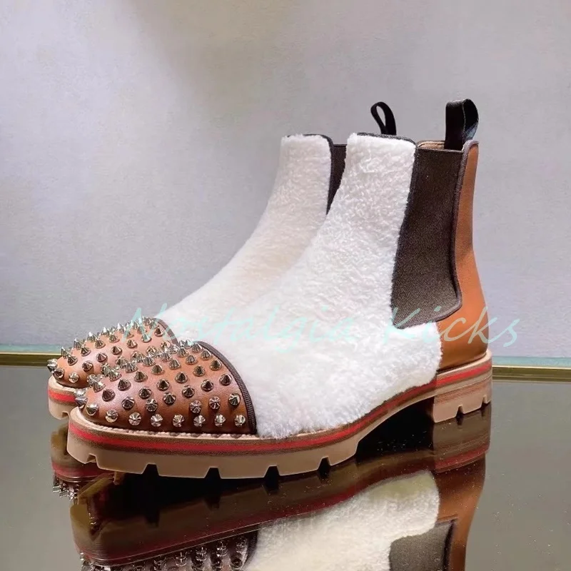 

Fashion Winter Studded Toe Wool Chelsea Boots Brown Leather White Shearling Ankle Boots for Men Anti Slip Warm Snow Boots