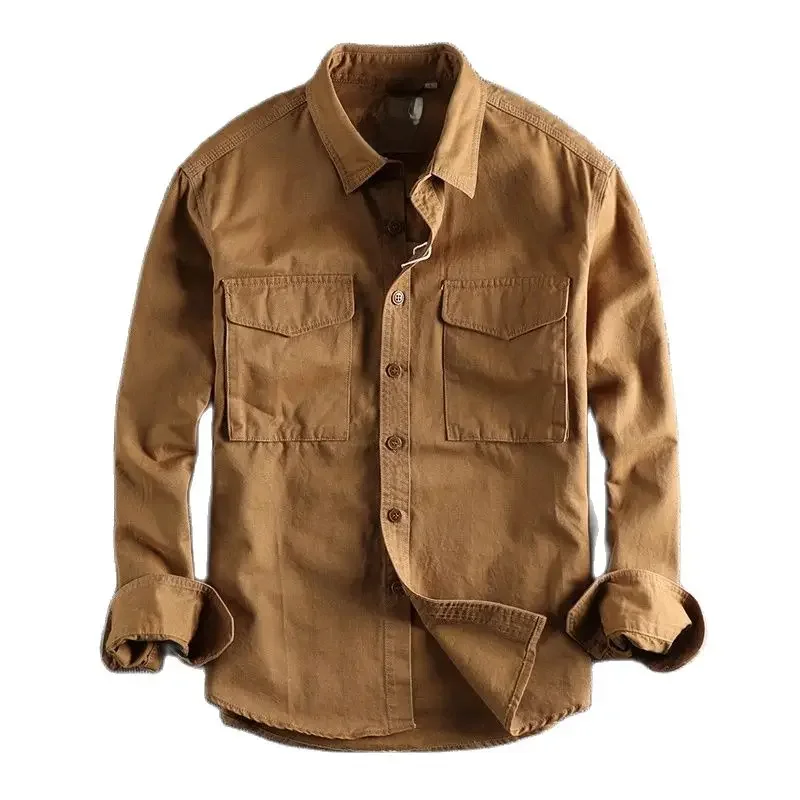Koszula Cargo dla mężczyzn z długim rękawem Premium Cotton Solid Color Washing Lapel Youth Japan Style Simple Handsome Boyfriend Clothing — 2