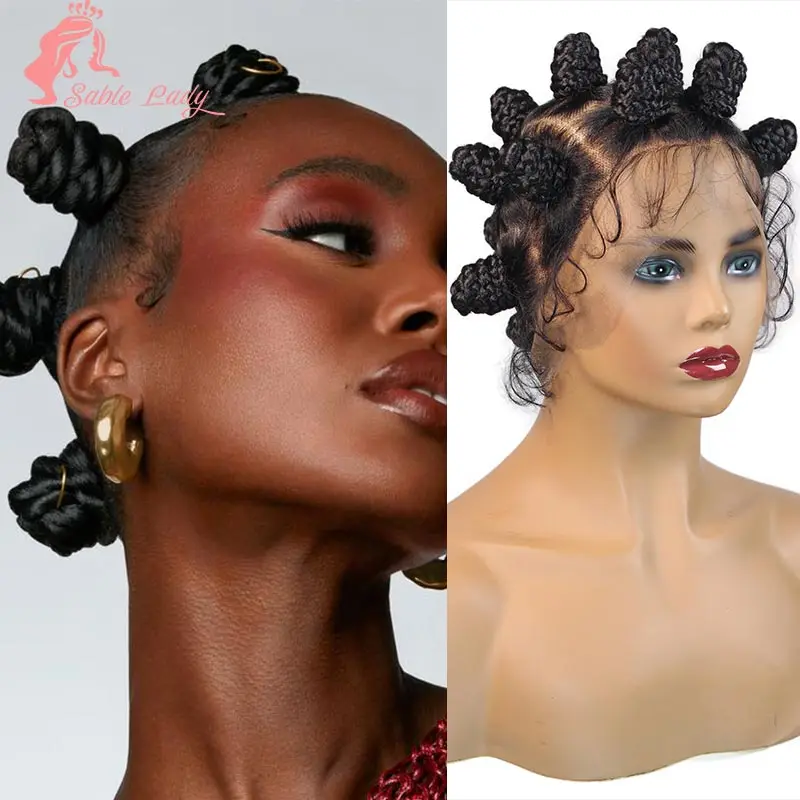 

Cornrow Bantu Knots, плетеные парики, синтетические полные кружевные косички, парик для женщин, африканские крученые булочки, легкий парик без узлов