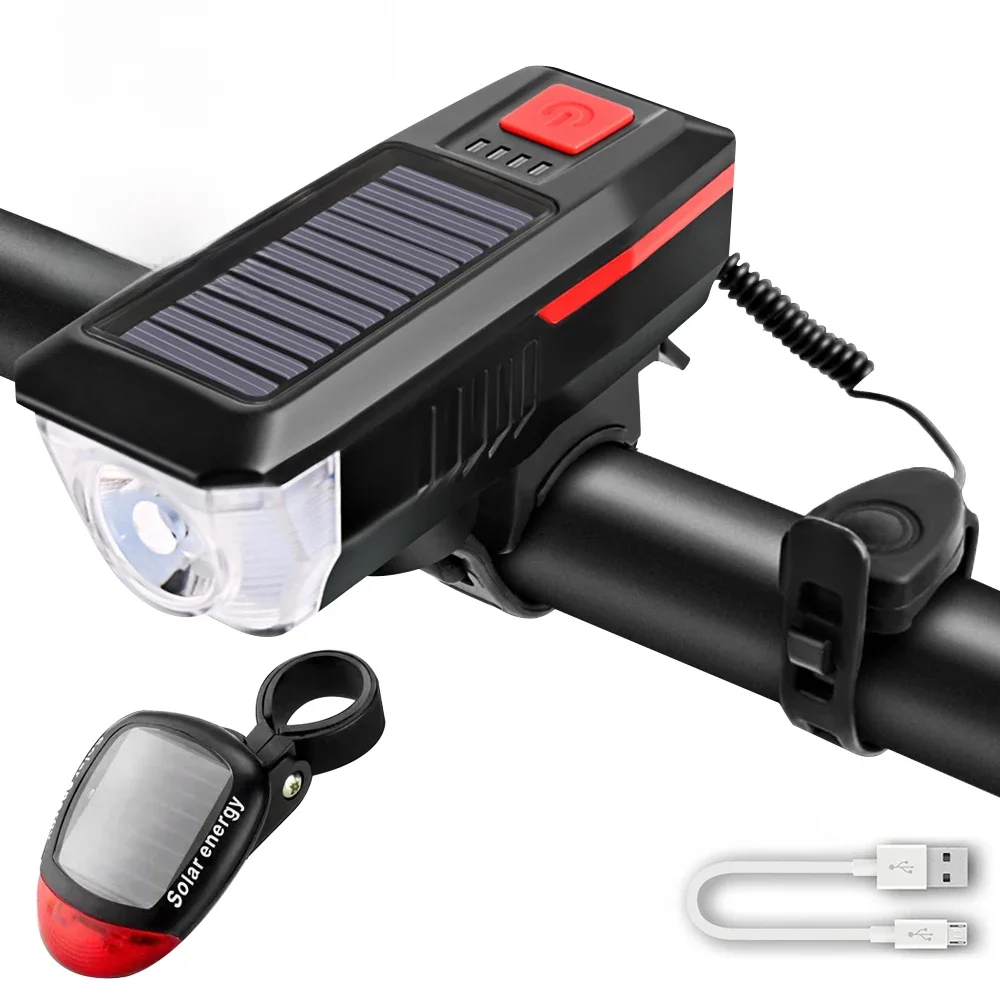 AliExpress cycle zone Solar Bicycle Front Light with Horn MTB Bike Solar Energy Tail Light USB Charging Bike Front Rear Light Set for Cycling Safety