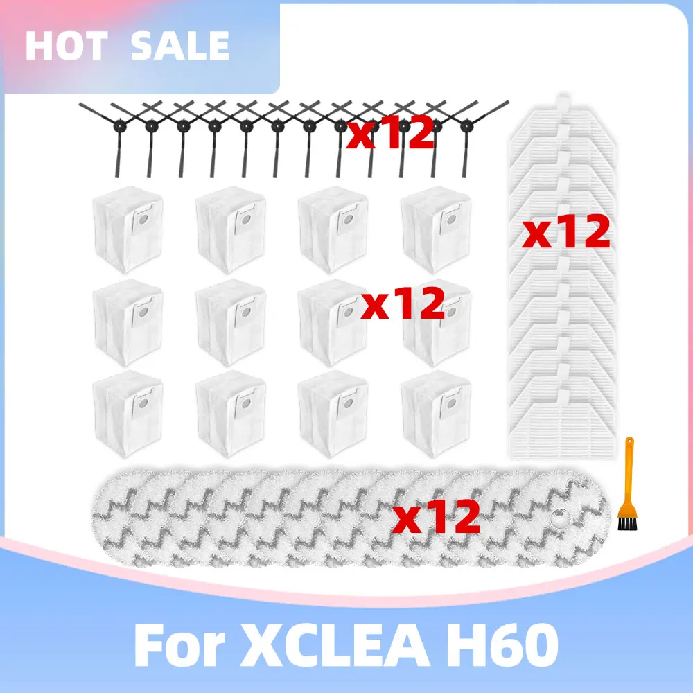 Compatible For XCLEA H60 Robot Vacuum Cleaner Side Brush Mop Cloths Rags Hepa Filter Dust Bags Replacement Attachment Spare Kit