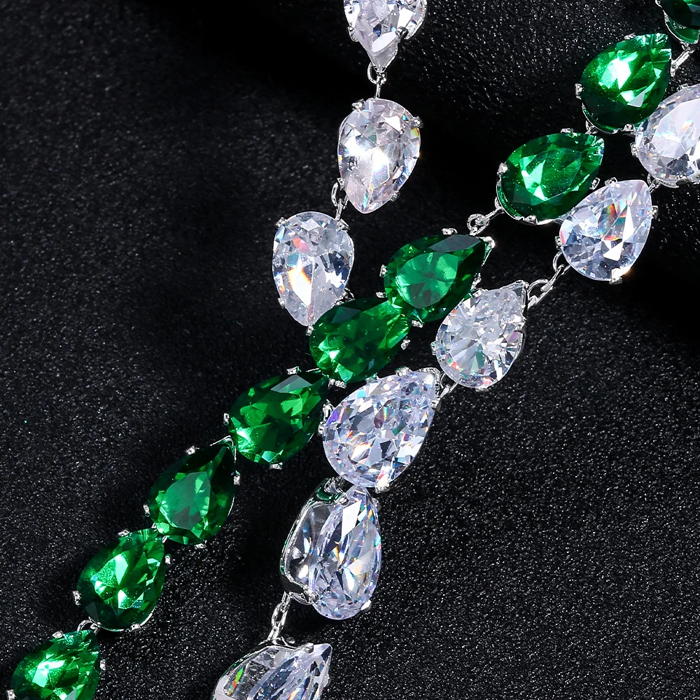 Fashion Double-deck Necklace Earrings Sets Zircon Wedding for Women Simple Green Water Drop Bridal Jewelry Set Banquet Gift