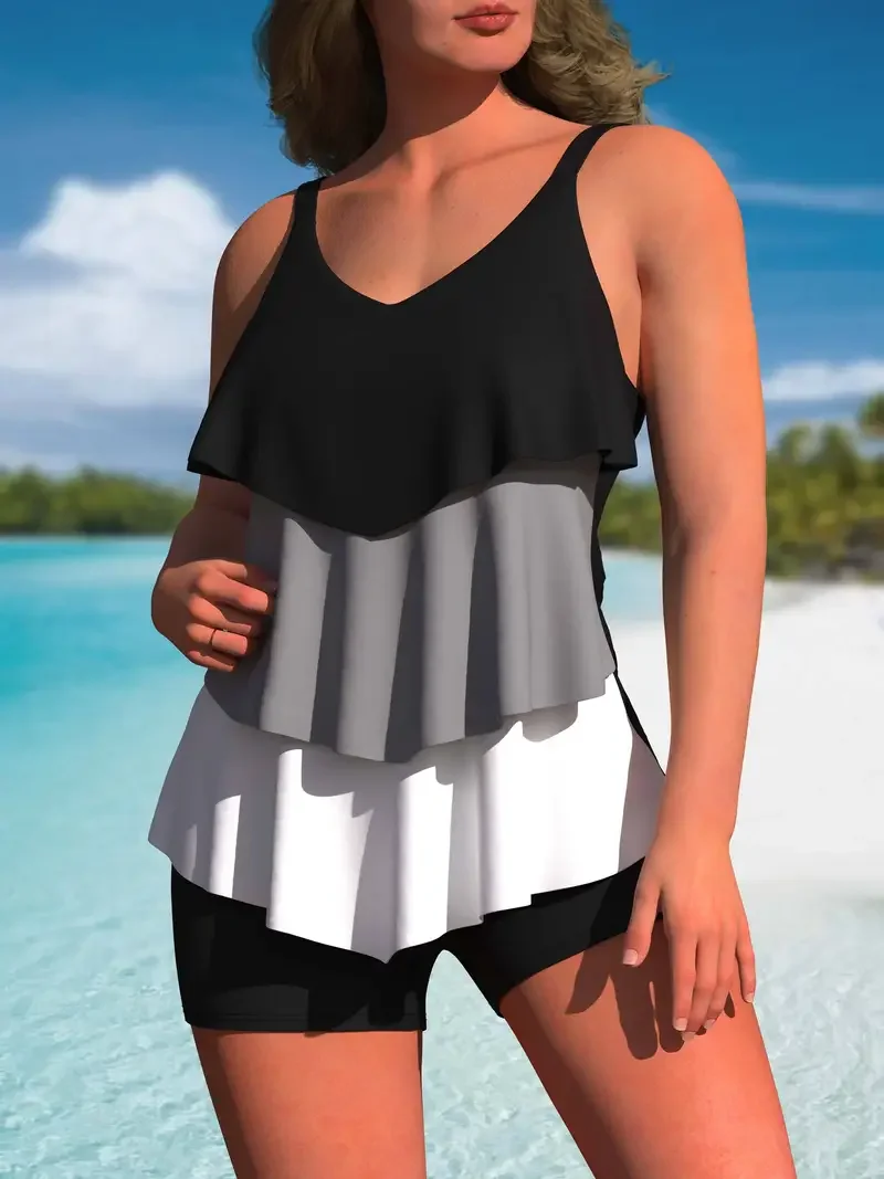 Set costume da bagno Tankini con volant color block: copertura alla moda, comodo stile vacanza
