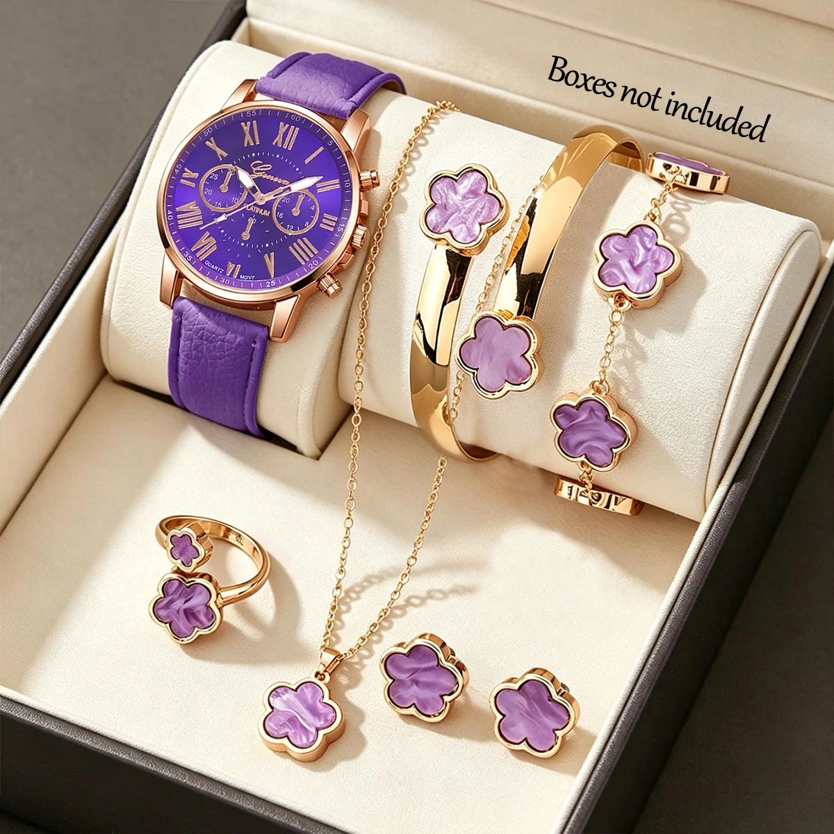 7-Piece Set, Women's Purple Charming Quartz Watch with Lucky Five-Flower Bracelet, Necklace, Earrings, Ring, and Bracelet Set, Elegant and Fashionable, Women's Wristwatch, Women's Accessories.