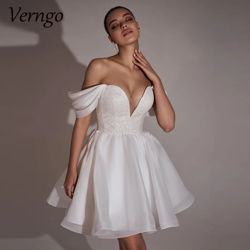 

Verngo Organza Short Shiny Wedding Dresses A-line Off Shoulder Bridals Gowns 2024 Women Lace Up Bride Dress Robes De Soirée