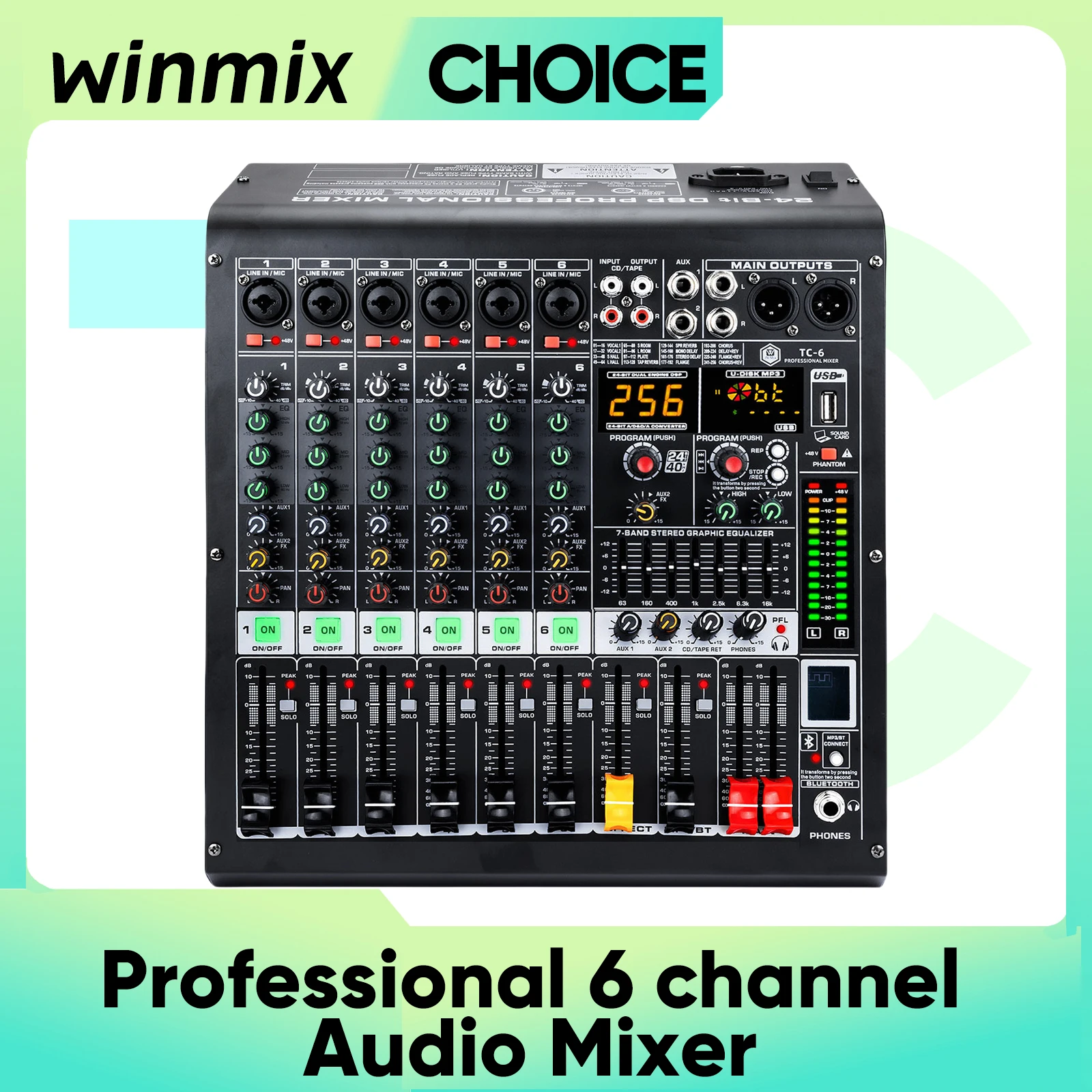 Winmix TC 6-Channel Professional Audio Mixer DJ Console with Bluetooth USB interface PC Recording Input with Reverb Effect Stage