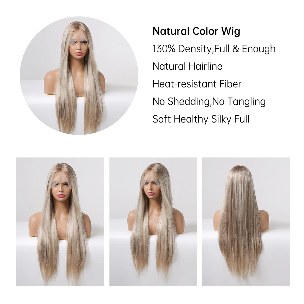 Dropshipping Long Straight Brown Blonde Lace Front Synthetic Wig T-Middle Part with Baby Hair Lace Wigs for Women Heat Resistant