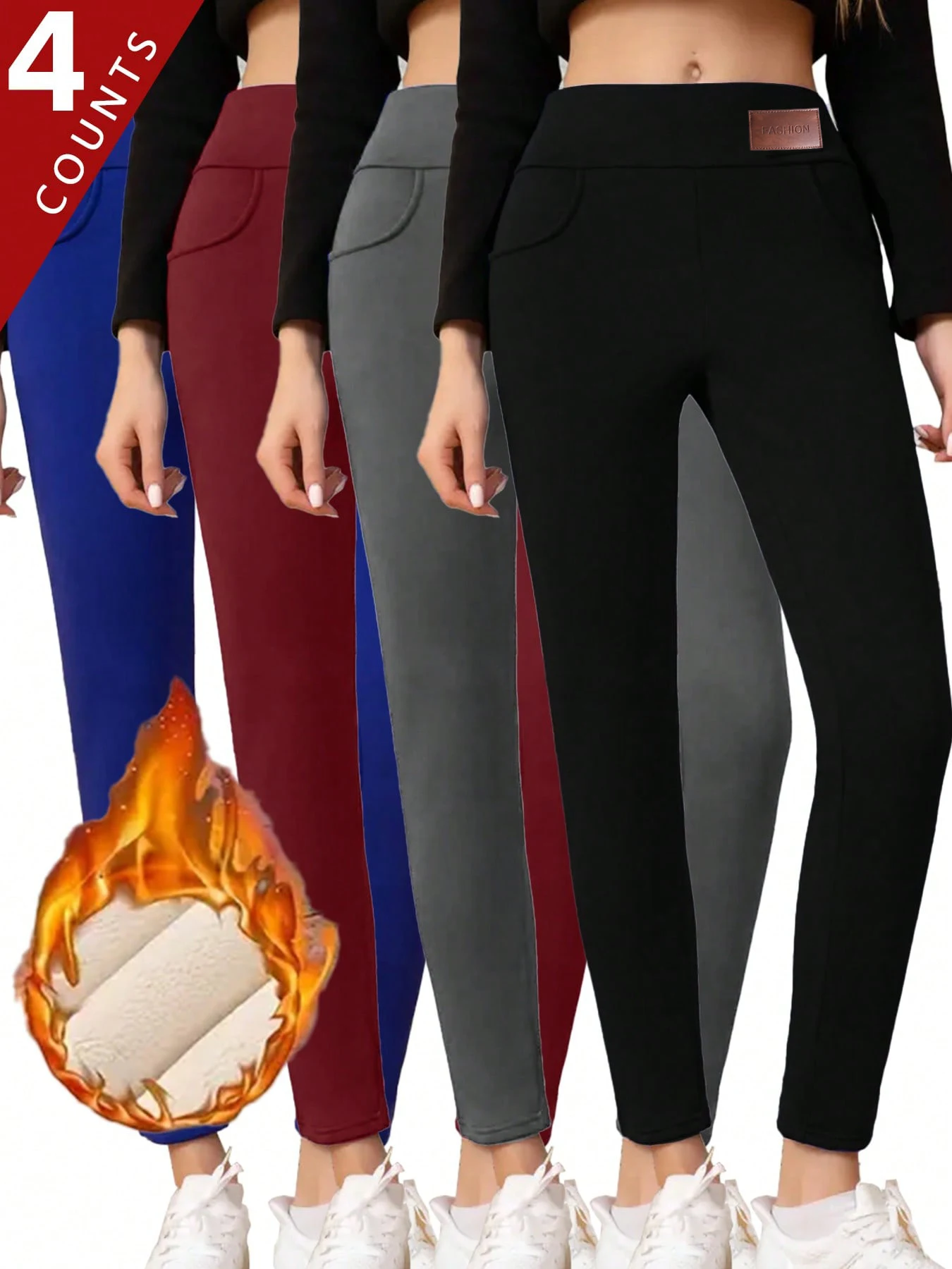 

4 шт. женские однотонные спортивные леггинсы с карманами и высокой талией, повседневные удобные теплые узкие брюки для йоги, тренировок в тренажерном зале, бега, женского спорта
