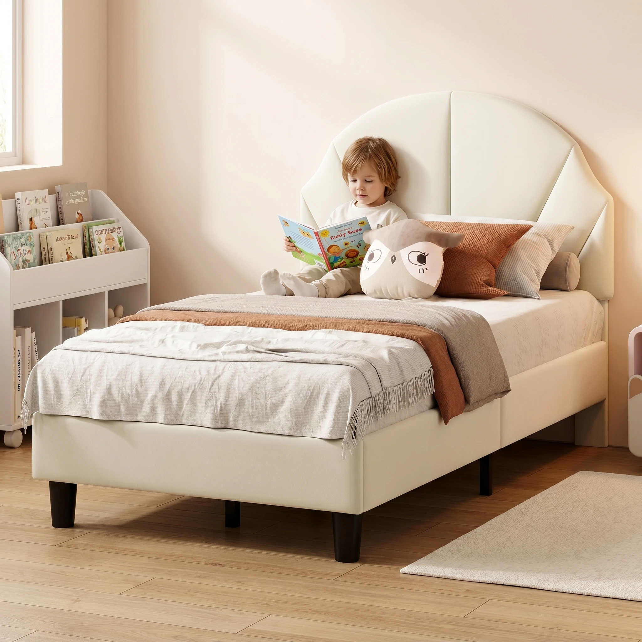 Anajqaqia Einzelbett 90 x 200 cm, Kinderbett mit verstellbarem wellenförmigem Kopfteil und Lattenrost, gepolstertes Bett, Samt, Beige