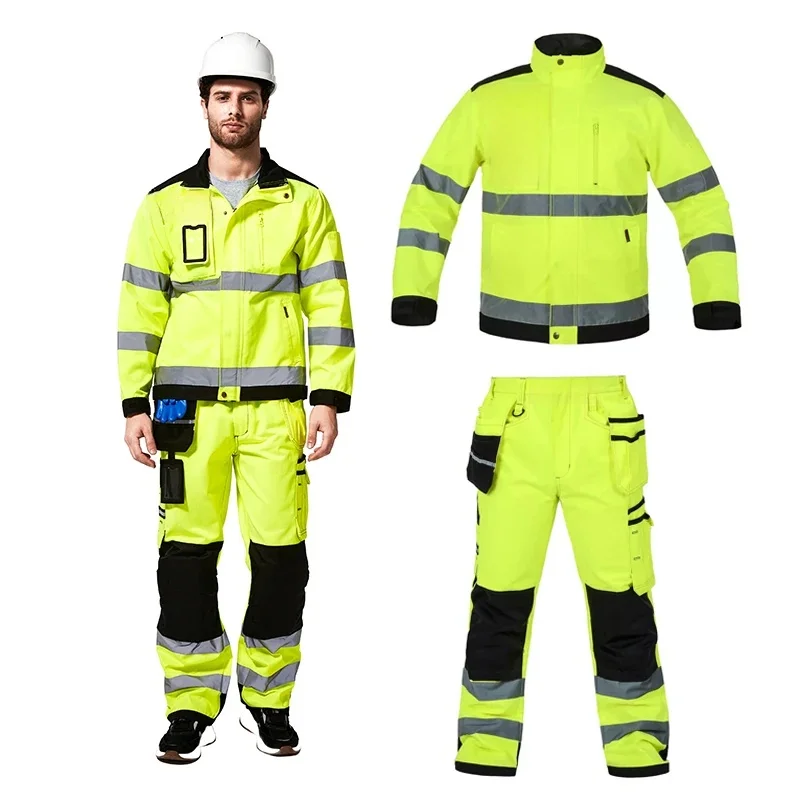 Working Suit for Men Electrician with Reflector Reflective Jacket for Work and Hi Vis Cargo Pants with Knee Pads