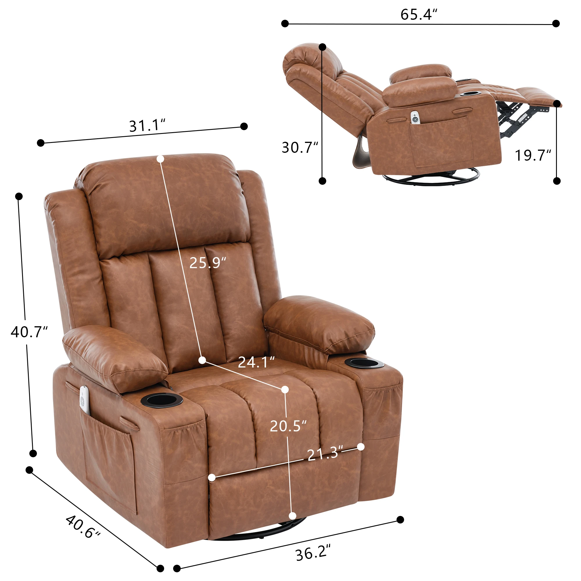 Massage Heated Swivel Rocker Recliner Chair, PU Leather Manual Reclining Lounge Chair with 8‑Point Vibration, Storage Pockets Cup Holder for Home