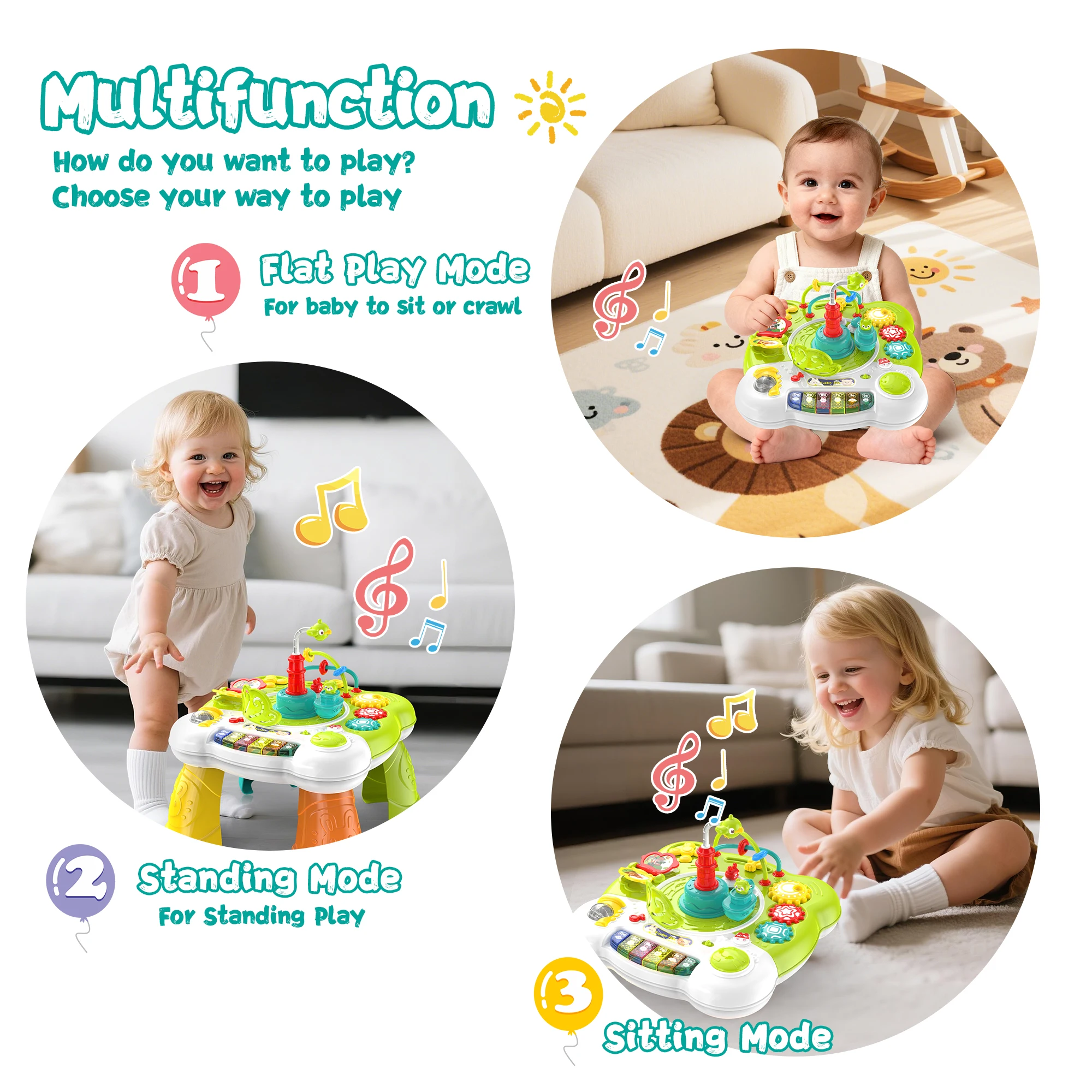 Muzikale activiteitentafel voor peuters: interactief leerspeelgoed met piano, verlichting en activiteiten voor peuters - groen plastic ontwerp