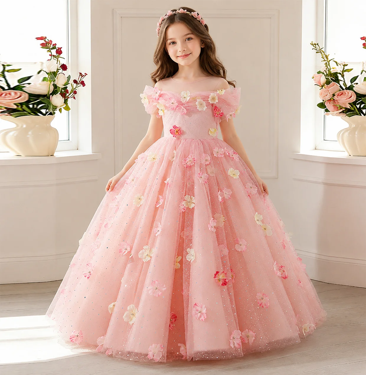 Blumenmädchen-Hochzeitskleid, einseitig schulterfreies Tutu-Kleid mit Schmetterlings- und Blumenmuster, Festkleid für Mädchen von 4-12 Jahren