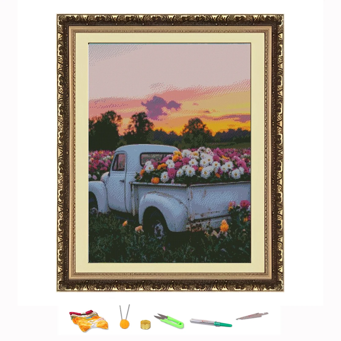 

Набор для вышивки крестом, автомобиль, наполненный цветами, набор для рукоделия «сделай сам», украшение, напечатан на холсте 11CT