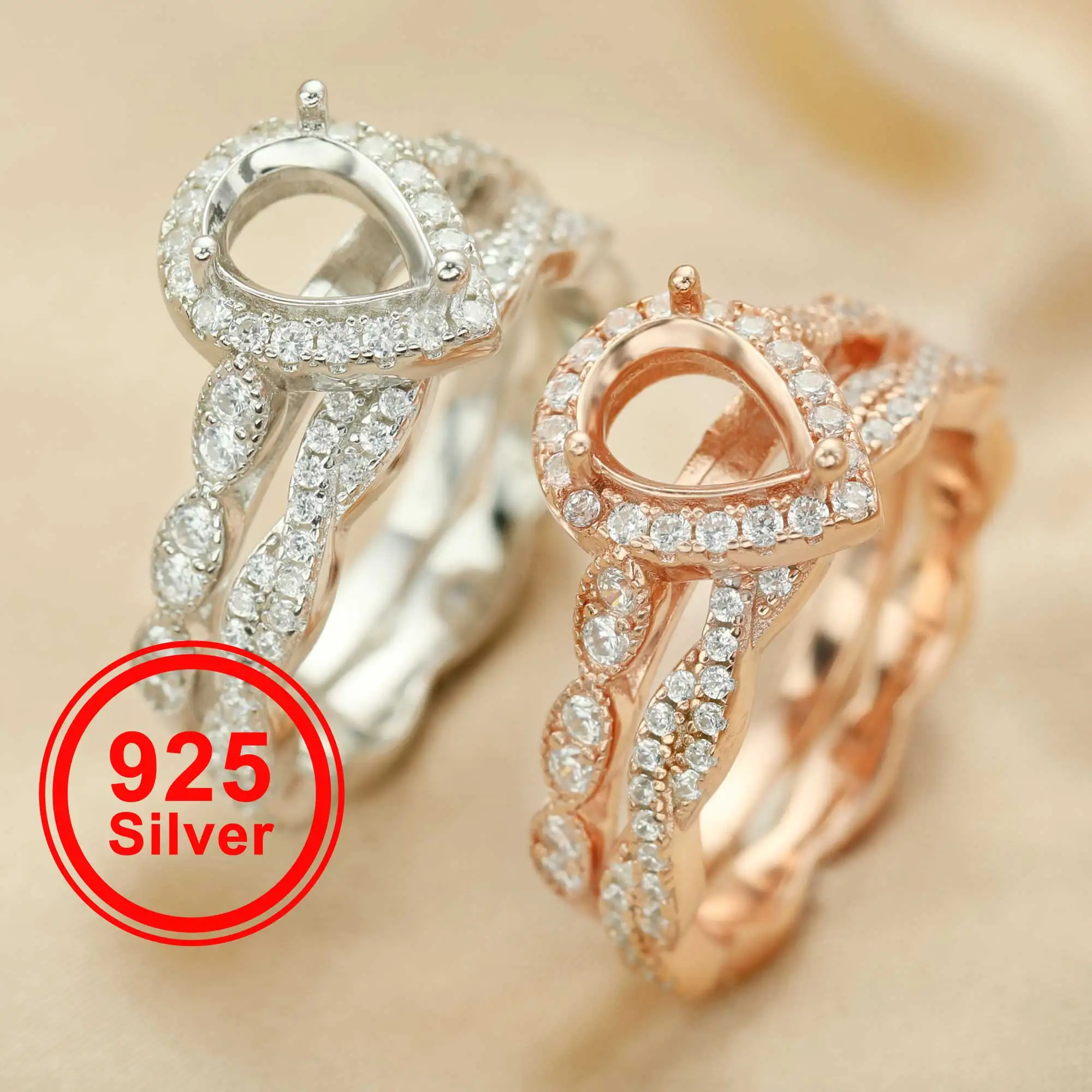 

6x8MM Halo Pear Prong Ring Settings Stackable Solid 925 Sterling Silver Rose Gold Plated Wedding Double DIY Ring Set 1294408