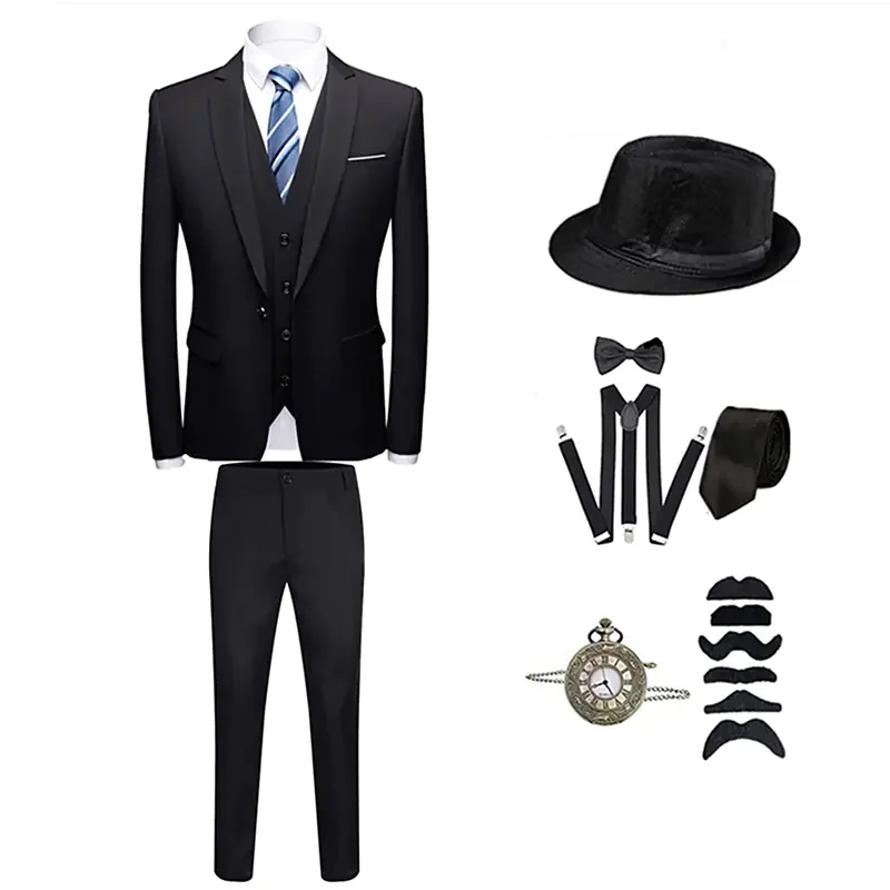 The Great Gatsby Gentleman Roaring 20s Vintage 1920s Outfits Suits & Blazers Accesories Set Three-Piece Suit Men's Costume