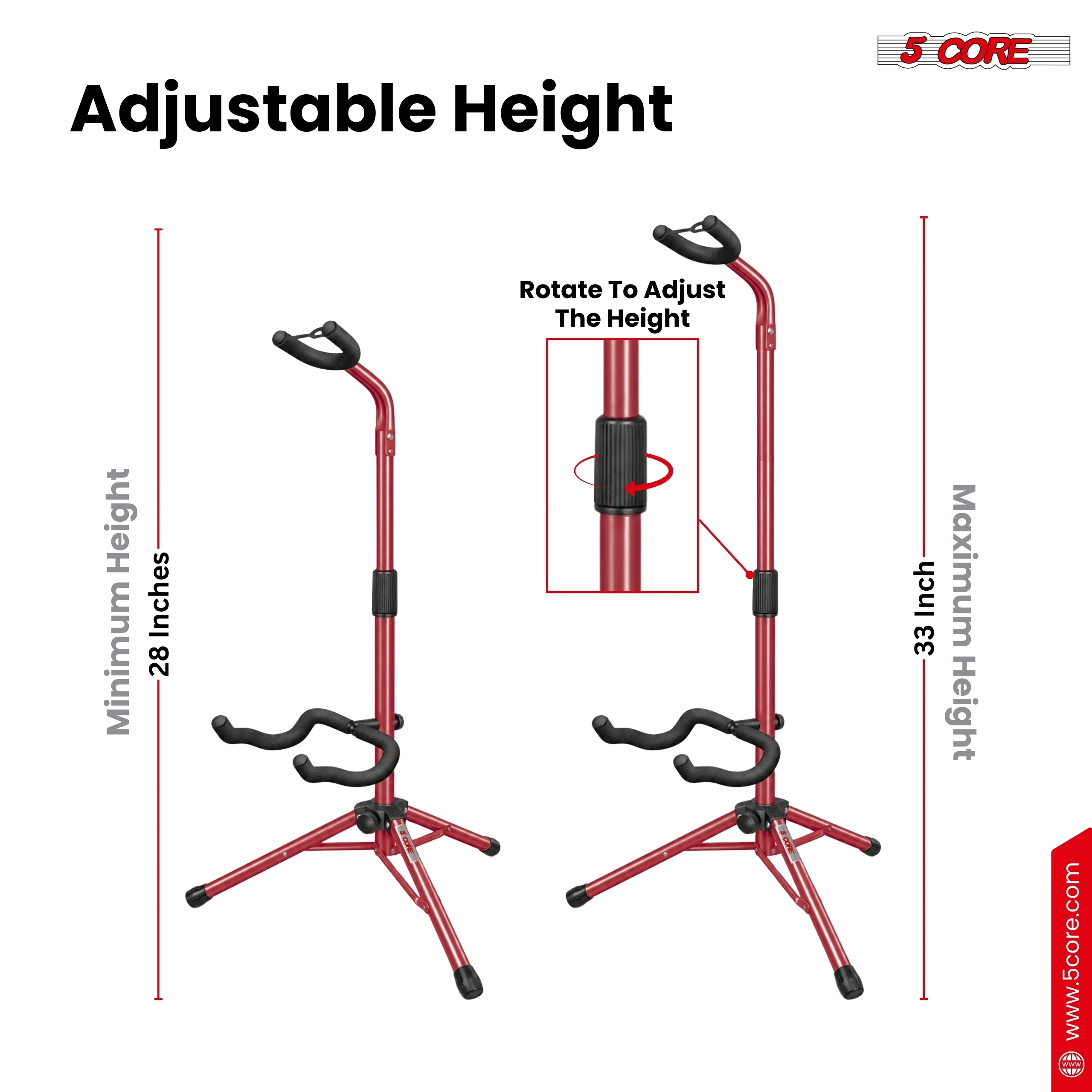5 Core Guitar Stand Floor Adjustable Heavy Duty w Neck Holder for Acoustic Electric Classic Bass - GSH HD RED