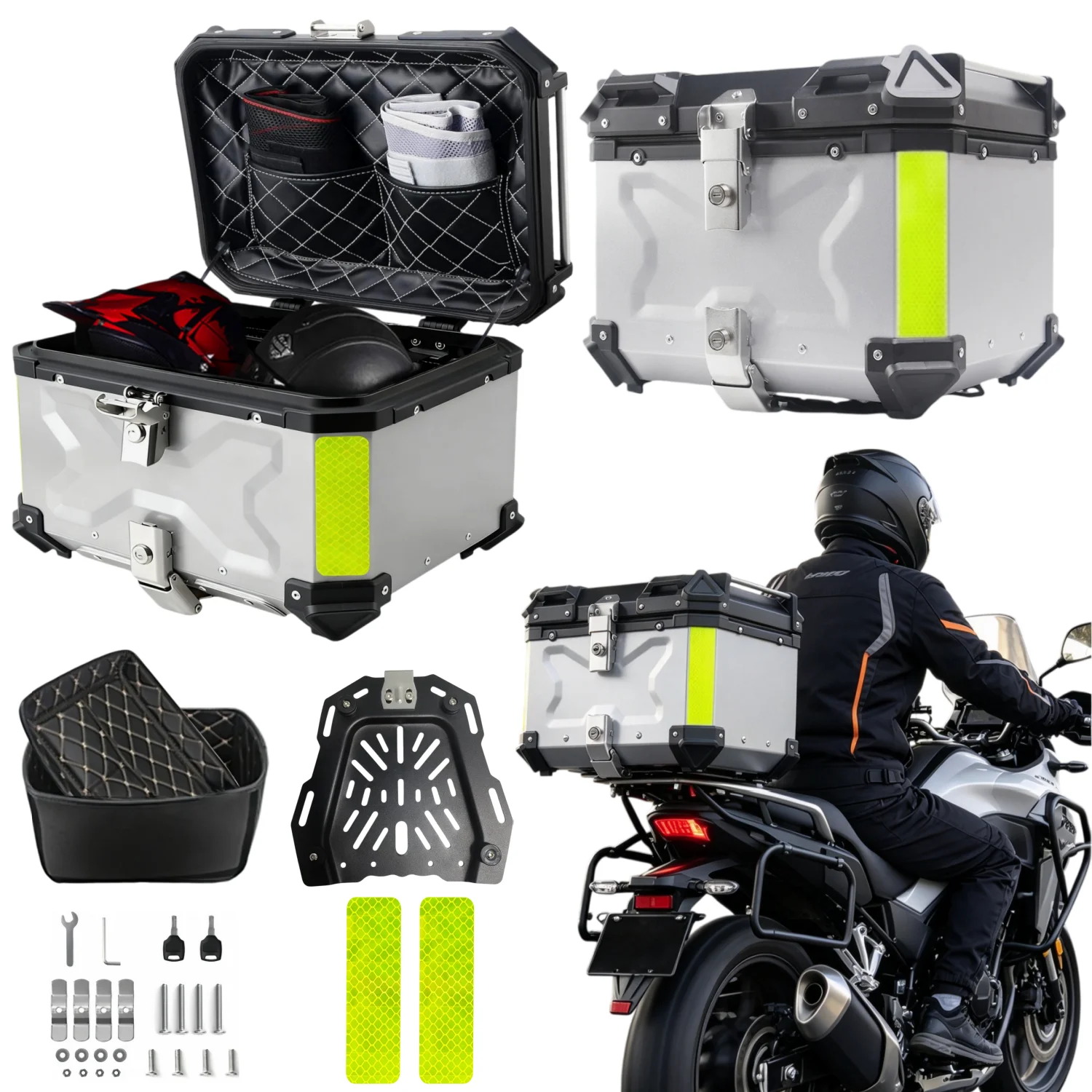 45L, 55L, 65L Aluminium Motorrad-Topcase Silber 38L Motorrad-Seitenkoffer Wasserdichter Schnellverschluss-Koffer Heckkoffer Helmkoffer Werkzeugkoffer