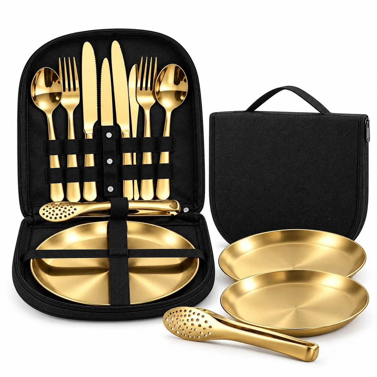 Set di posate da campeggio per 2 persone, in acciaio inossidabile color oro, per uso esterno, con piatti, coltelli per bistecche, pinze per barbecue, posate da viaggio e borsa.