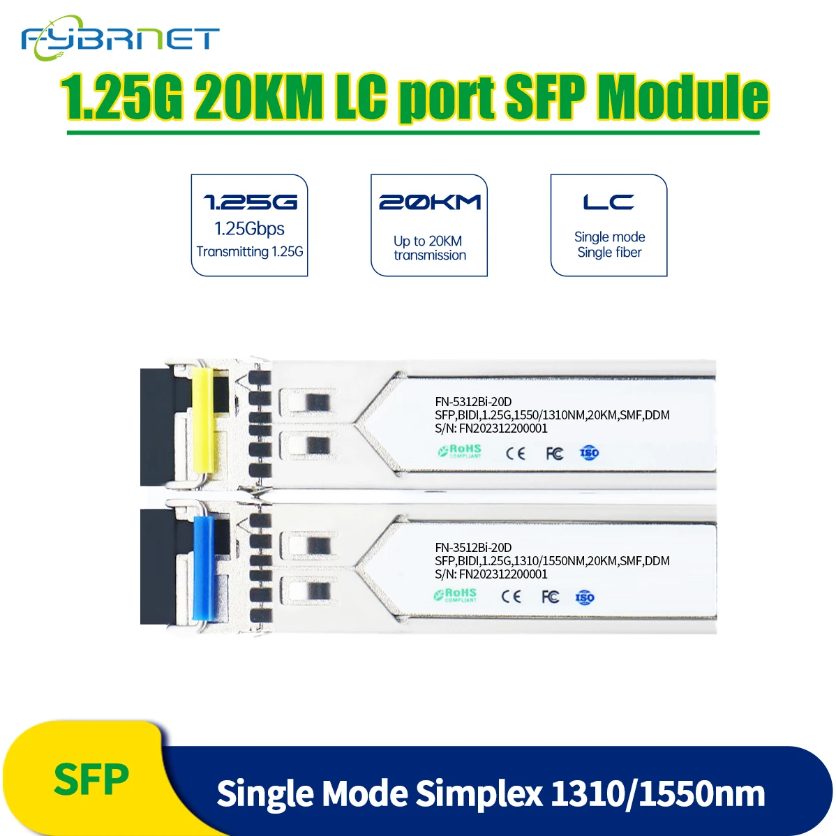 LC Simplex Connector Transceiver SFP Module Single Mode Single Fiber Optical 1310nm/1550nm Ethernet Compatible with Cisco 