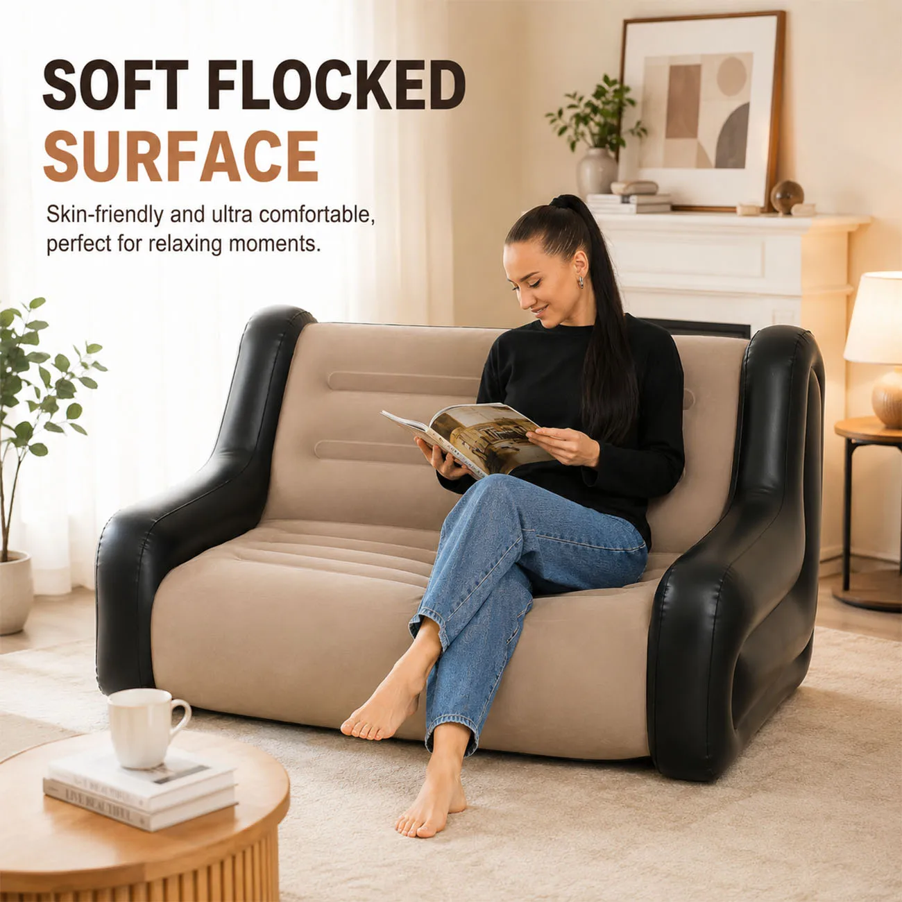 1PC Inflatable Loveseat Sofa Double Seat Flocked Air Couch with Armrests Portable Indoor Lounge Chair for Living Room
