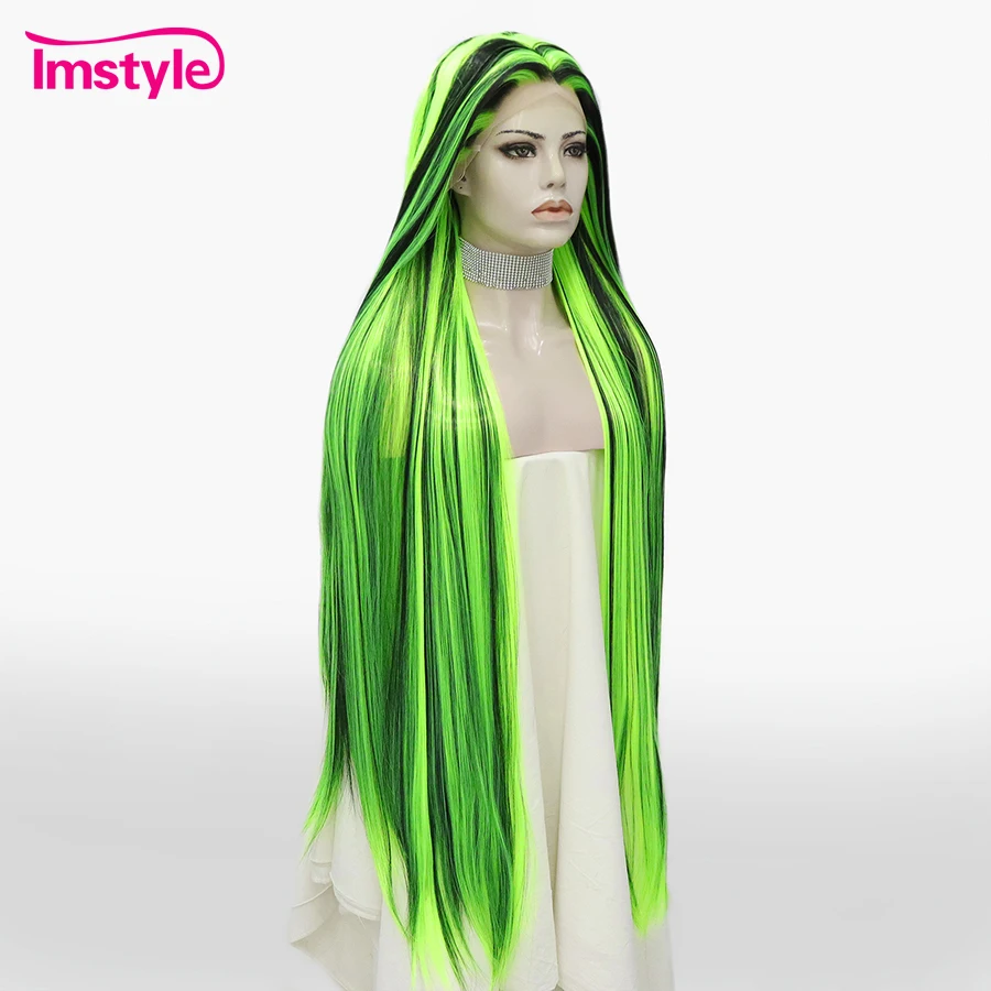 Imstyle-peluca sintética superlarga con malla frontal, pelo liso de fibra resistente al calor, color verde fluorescente y Negro mezclado, 44 pulgadas