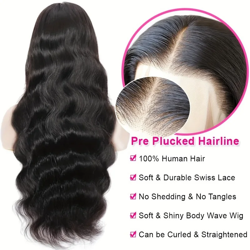 Alimice-Body Wave Lace Encerramento Perucas, Cabelo Humano, Pré Arrombado com Cabelo de Bebê, Super Macio e Suave, Cor Preto Natural, 5x5 HD, 180%