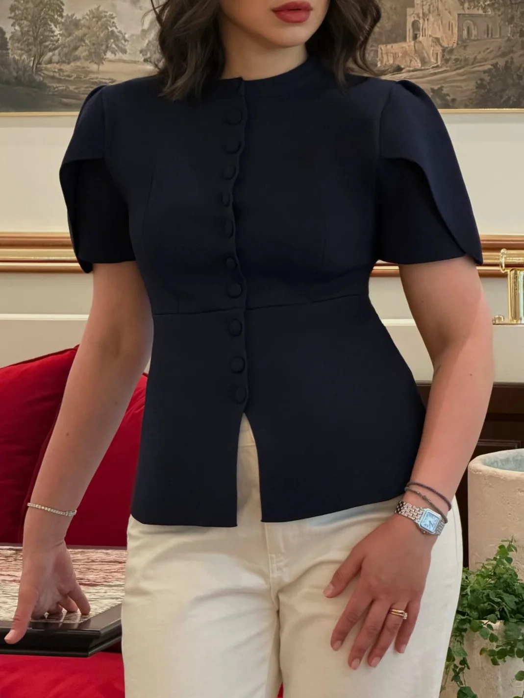 Womens Elegant Single Breasted Short Sleeve Top Flutter Ruffle Sleeve Slim Waist Peplum Blouse Casual Work Office Wear Blouses